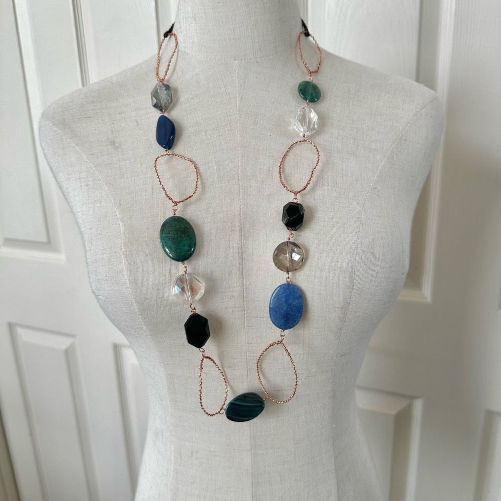 Rose gold tone long beaded necklace
